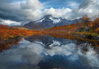 Snow-Capped Mountains Reflecting in Calm Alaskan Lake During Autumn