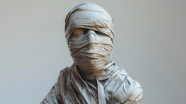 3D mummy wrapped in bandages on white background, perfect for spooky Halloween decorations.