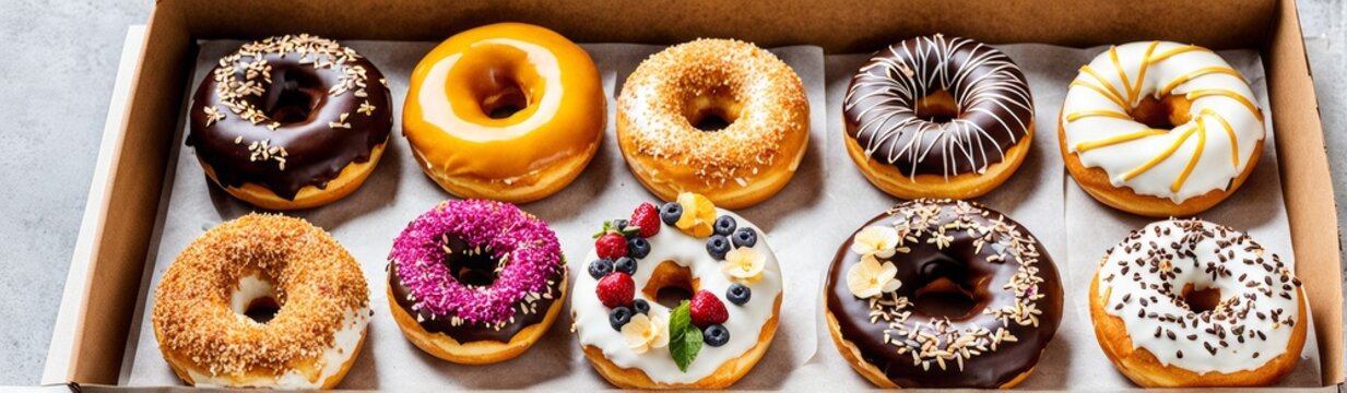 An advertising box with a dozen donuts of the most exotic design.