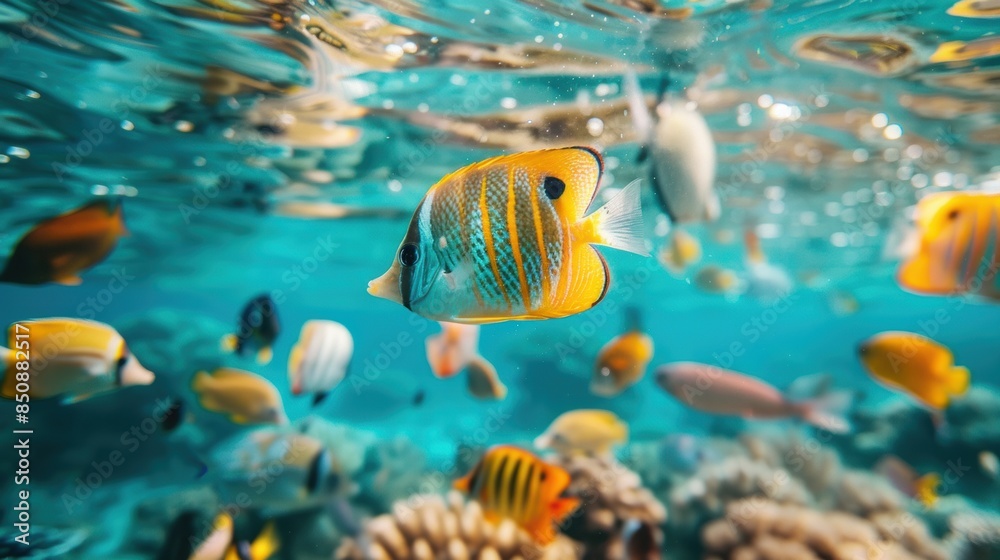 Canvas Prints a group of fish swimming in the ocean