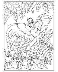 Hand drawn parrot in tropical leaves. Illustration for coloring, sketch, vector