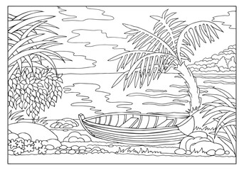 Hand-drawn seascape with a boat on the shore and palm trees. Illustration for coloring, sketch, vector