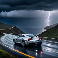 A car driving in the rain.