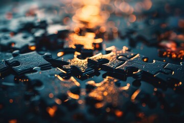 dark puzzle pieces scattered, close-up
