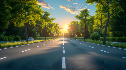 Fototapeta premium A peaceful road stretches through a lush forest, illuminated by the golden glow of the setting sun The image captures the serene beauty of nature and the tranquility of a quiet, empty road