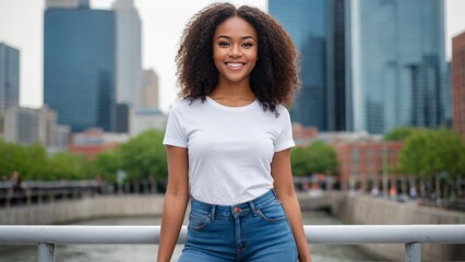 Fototapeta premium Young black woman wearing white t-shirt and blue jeans standing on the street