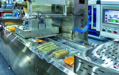 High-performance machines are wrapping processed fresh food products, pork, sausages.food production lines on conveyor belts, food production industry