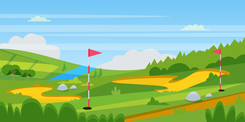 Fototapeta premium Green golf course with water and sand bunkers. Spring or summer landscape with flags on lawn. Vector flat cartoon outdoor sport illustration