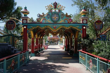 Fototapeta premium Vibrant entrance to a funfair showcasing ornate decorations and festive atmosphere