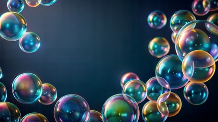 Colorful array of soap bubbles floating in the air against a dark background with copy space. The bubbles vary in size and color, perfect for designs related to fun, creativity, happiness