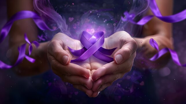 Purple ribbon in hands cancer awarness Alzheimer's disease, Pancreatic cancer, Epilepsy awareness, world cancer day
