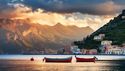 Two red boats are floating on the calm water of the mediterranean sea during golden hour, with the colorful houses of cetara and a mountain range in the background - Powered by Adobe