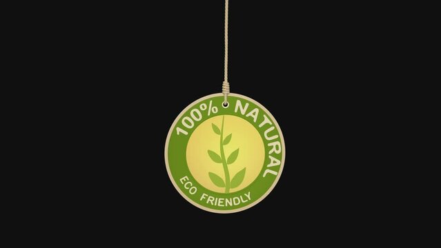 natural. Etiquette, tag, label natural  100%.promotional item for television. Environmentally friendly products. 3d animation hanging swinging label on the rope. alpha matte, luma matte
