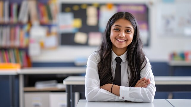 High School Education, Indian Student Smiling, Classroom Learning, Diverse Background