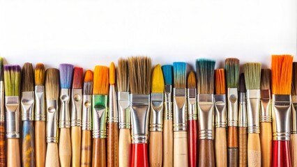 Fototapeta premium Inviting image of a row of paintbrushes of various colors and sizes arranged on a clean white background with copy space. Perfect for designs related to art, creativity, and crafting