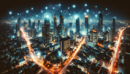 Obraz premium Nighttime Cityscape, Smart City, Skyscrapers, Connectivity, Urban Technology, City Lights, Future City, High-Tech Buildings, Networked City, Advanced Architecture