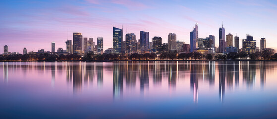 Obraz premium Urban Twilight: Reflective City Skyline at Dusk