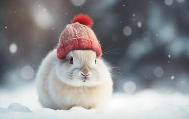 Fototapeta premium a rabbit wearing a red hat in the snow