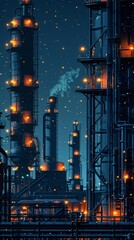 Obraz premium Night view of an industrial complex with illuminated pipes and towers.