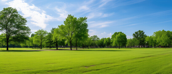 Serene Park with Lush Greenery and Blue Sky