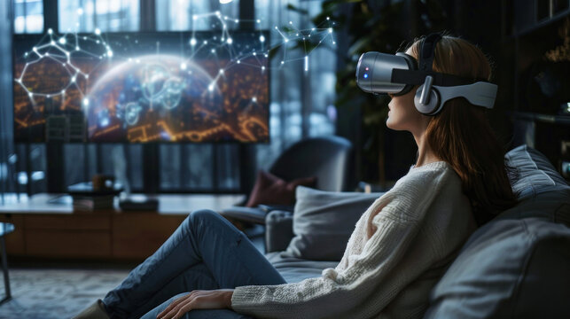 Woman with VR headset enjoys digital world