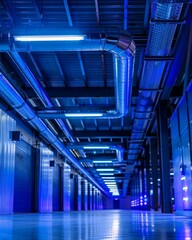 Obraz premium Blue lit industrial corridor with pipes and vents overhead.