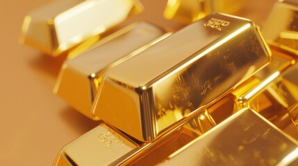 A closeup of gold bars, reflecting light