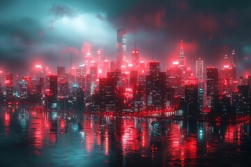 Obraz premium Futuristic cityscape glowing with red lights reflecting on the water