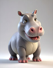 A 3D animated Cute Cartoon Hippopotamus Character 3D Rendered on a white Background.