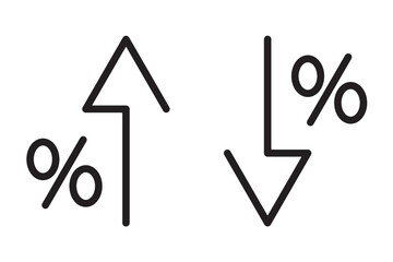 Percent up and down arrow icon set isolated on white background flat vector illustration. Percentage growth and decline icons. Percent arrow up and down flat and line style symbols.