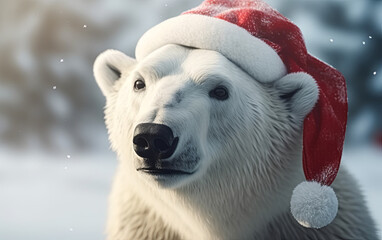 A polar bear wearing a red scarf and a red hat