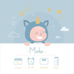 Baby poster, height, weight, time, date of birth with cute baby in unicorn clothes. Newborn announcement party card. It's a boy - shower card,