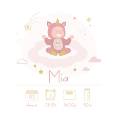 Baby poster, height, weight, time, date of birth with cute baby on cloud. Newborn announcement party card. It's a girl - shower card,