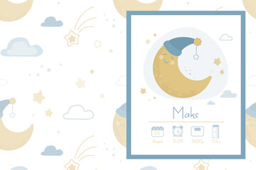 Baby poster, height, weight, time, date of birth with moon and stars. Newborn announcement party card. Newborn baby metrics. Shower card, banner template.