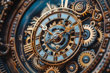Close-up of intricate clockwork gears and face.