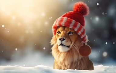 a lion wearing a red hat and scarf