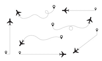 The flight path of the aircraft from the point of location along the dotted line. Flight route from a waypoint with an airplane silhouette. Vector elements.