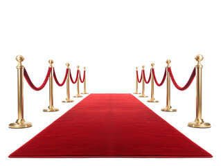 a red carpet with gold poles and rope
