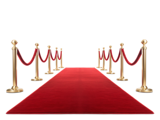 a red carpet with gold poles and rope
