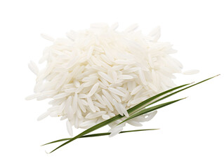 a pile of rice and a green leaf