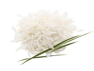 a pile of rice and a green leaf
