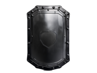 a black shield with black rivets