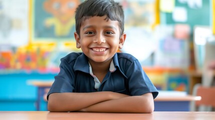 Smiling South Asian Elementary School Boy in Classroom, Education Concept, Diverse School Environment, Back to School