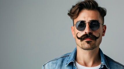 Obraz premium A man with a prominent mustache wears sunglasses and a denim jacket