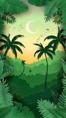 vertical mobile 3D forest background with green color coconut tress plants and leaves, flat color illustration with paper cut effect and depth  