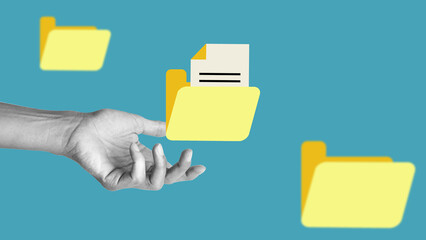 Document Management System or DMS. IT consultant is searching managing information and corporate files in folders. Business processing