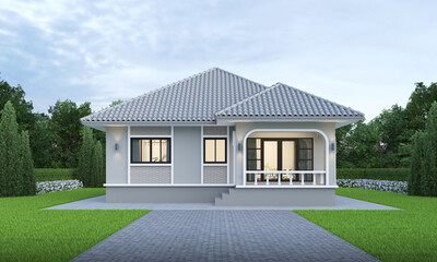 Fototapeta premium contemporary house exterior day light with lawn grass.3d rendering