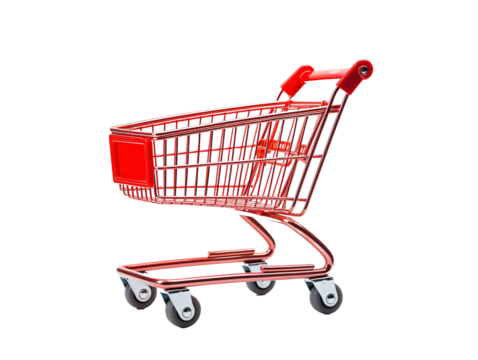 a red shopping cart with black wheels