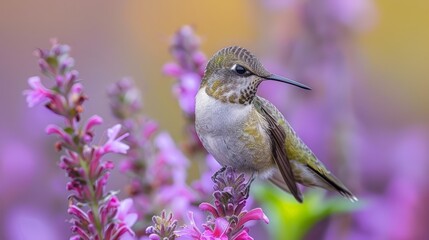 Naklejka premium Juvenile Ruby-Throated Hummingbird Perched Among Vibrant Pink Flowers, Close-Up Shot