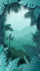 vertical panoramic background, Abstract illustration with green forest and mountain landscape with sunset, paper cut effect and 3D depth  